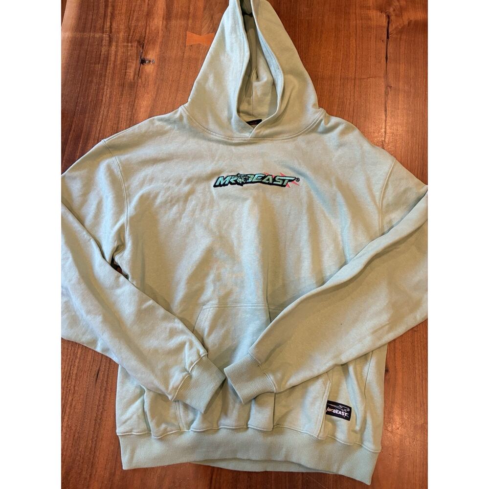 Mr Beast Hoodie Mens Large Seafoam Green Spell out Promo Logo